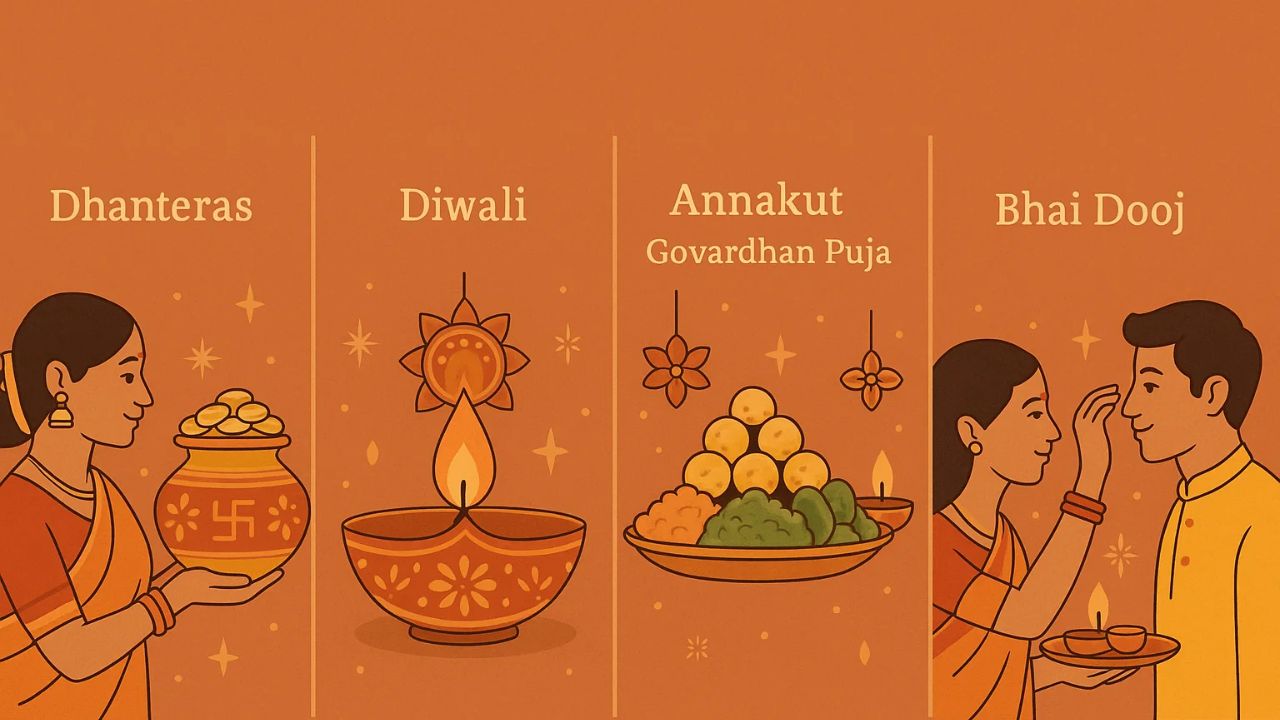 Diwali 2025 Calendar :धनतेरस, दिवाली, अन्नकूट और भाई दूज जैसे दिवाली 2025 के त्यौहारों का सचित्र कोलाज।