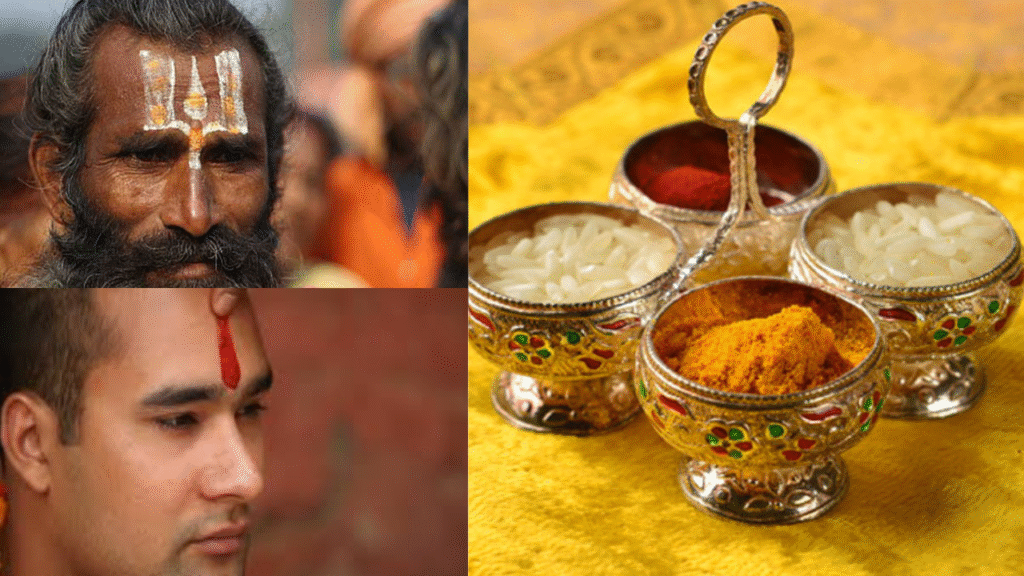 एक साधु के माथे पर तिलक लगा है और दूसरी ओर कुमकुम, हल्दी और चावल जैसी तिलक सामग्री रखी है, जो धार्मिक Tilak Benefits और अनुष्ठान को दर्शाती है।