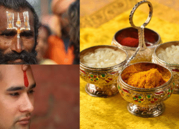 एक साधु के माथे पर तिलक लगा है और दूसरी ओर कुमकुम, हल्दी और चावल जैसी तिलक सामग्री रखी है, जो धार्मिक Tilak Benefits और अनुष्ठान को दर्शाती है।