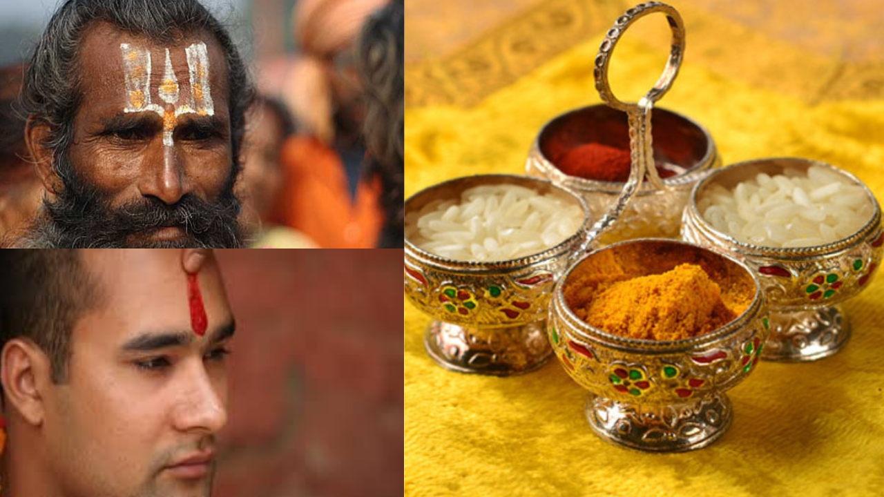 एक साधु के माथे पर तिलक लगा है और दूसरी ओर कुमकुम, हल्दी और चावल जैसी तिलक सामग्री रखी है, जो धार्मिक Tilak Benefits और अनुष्ठान को दर्शाती है।