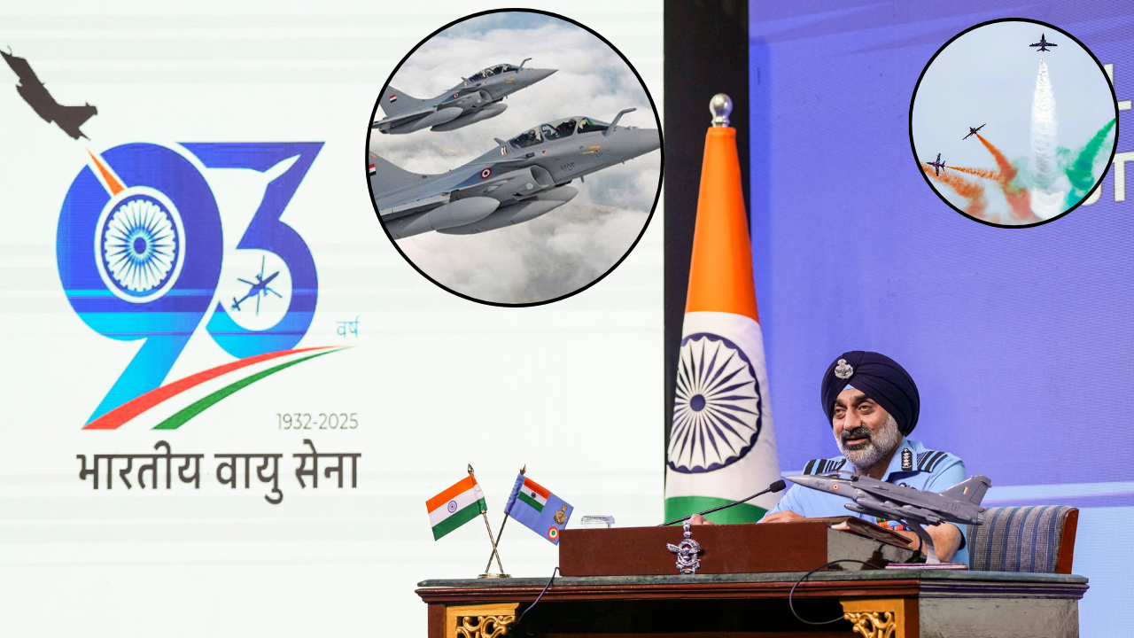 वायुसेना प्रमुख एयर चीफ मार्शल एपी सिंह मंच पर हैं, पीछे 93वां वायुसेना दिवस लोगो और राफेल विमानों की तस्वीर है।
