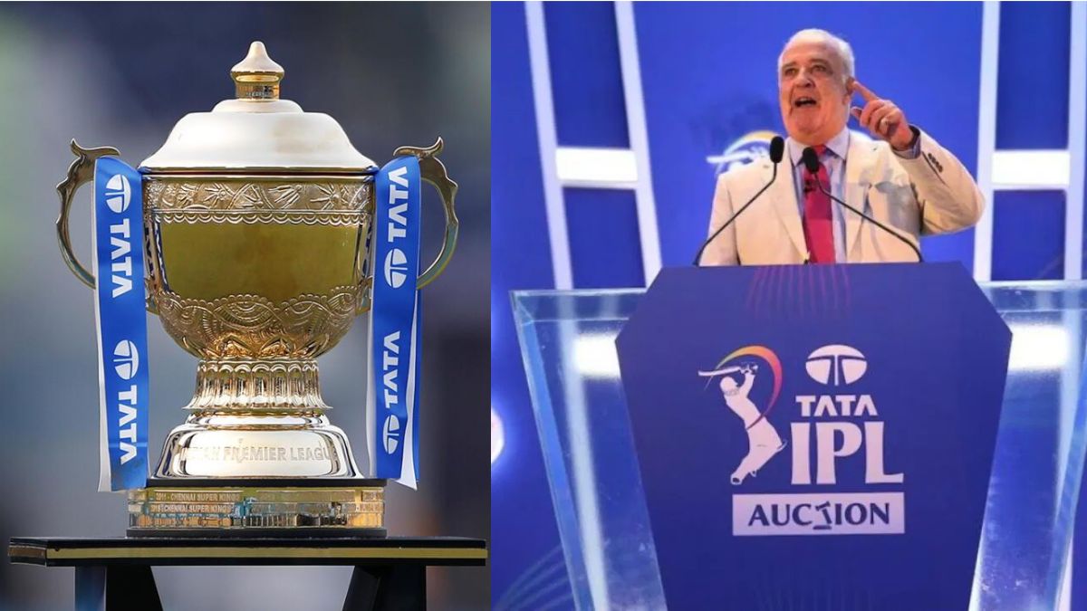 IPL की ट्रॉफी (बाएं) और नीलामीकर्ता (दाएं) पोडियम पर खड़े, आईपीएल 2026 नीलामी अपडेट के दौरान की घोषणाएँ।