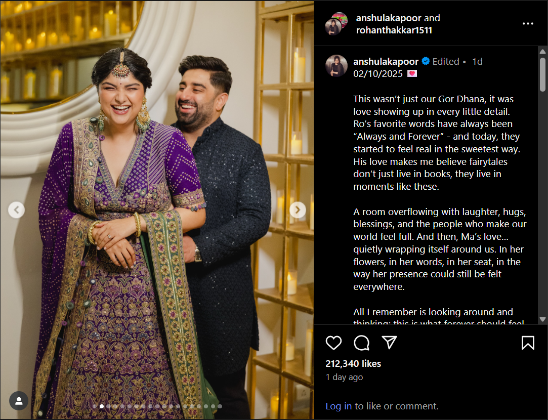 रोहन ठक्कर के साथ अंशुला कपूर सगाई के गोरधना समारोह में अंशुला बैंगनी और हरे रंग के ट्रेडिशनल आउटफिट में बेहद ख़ुश नज़र आ रही हैं।