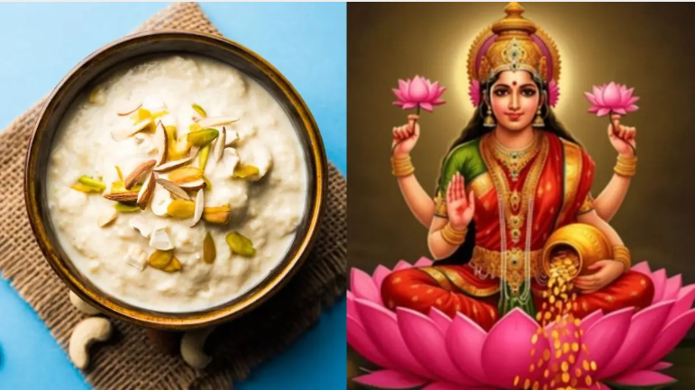 खीर का कटोरा और माता लक्ष्मी की कमल पर विराजमान तस्वीर, जो शरद पूर्णिमा खीर मुहूर्त पर धन और आरोग्य के महत्व को दर्शाता है।