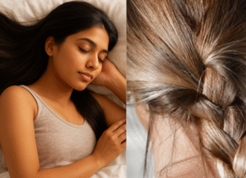 सोते समय बाल खोलकर (खुले) सोती महिला और सुरक्षित नींद के लिए बालों की चोटी (ब्रे़ड) का क्लोज-अप।