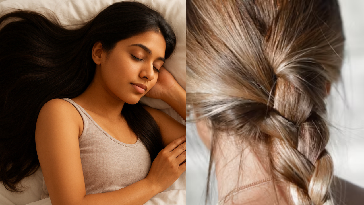 सोते समय बाल खोलकर (खुले) सोती महिला और सुरक्षित नींद के लिए बालों की चोटी (ब्रे़ड) का क्लोज-अप।