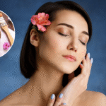 एक महिला अपनी त्वचा पर चमक महसूस कर रही है, साथ में एक घरेलू फेस पैक (आलू, मुल्तानी मिट्टी) का कोलाज है, जो ग्लोइंग स्किन घरेलू नुस्खा को दर्शाता है।