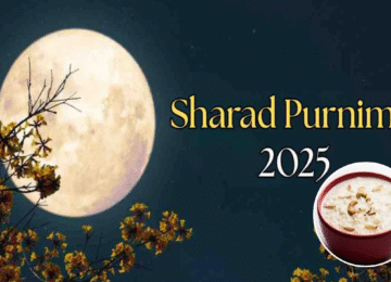 एक पूर्णिमा की रात का दृश्य, 'Sharad Purnima 2025' लिखा है और खीर का कटोरा रखा है, जो शरद पूर्णिमा खीर मुहूर्त के उत्सव को दर्शाता है।