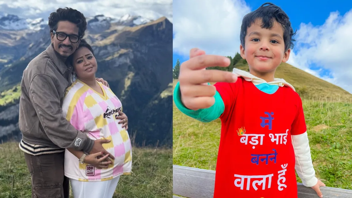 कॉमेडियन भारती सिंह पति हर्ष लिंबाचिया के साथ पहाड़ों में बेबी बंप फ्लॉन्ट कर रही हैं, और दूसरी ओर बेटे लक्ष्य (गोला) 'मैं बड़ा भाई बनने वाला हूं' टी-शर्ट में दिख रहे हैं, जो भारती सिंह दूसरी प्रेग्नेंसी की घोषणा को दर्शाता है।
