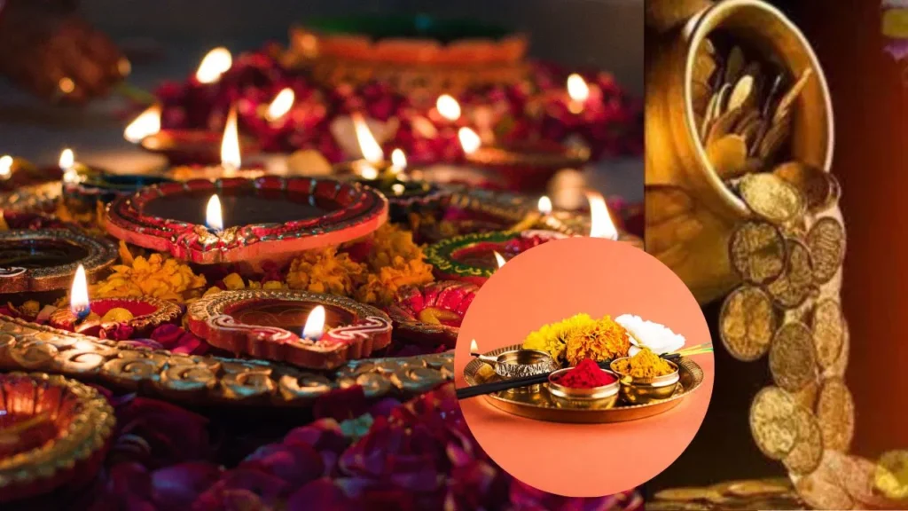 धनतेरस पर दीपक जलाना शुभ माना जाता है। इस तस्वीर में एक थाली में कई जलते हुए दीये, पूजा की सामग्री और सोने के सिक्के दिखाई दे रहे हैं।