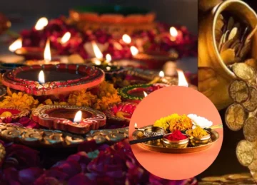 धनतेरस पर दीपक जलाना शुभ माना जाता है। इस तस्वीर में एक थाली में कई जलते हुए दीये, पूजा की सामग्री और सोने के सिक्के दिखाई दे रहे हैं।