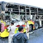 Aftermath of Kurnool bus fire with investigators examining the vehicle where phones and high-voltage batteries were found