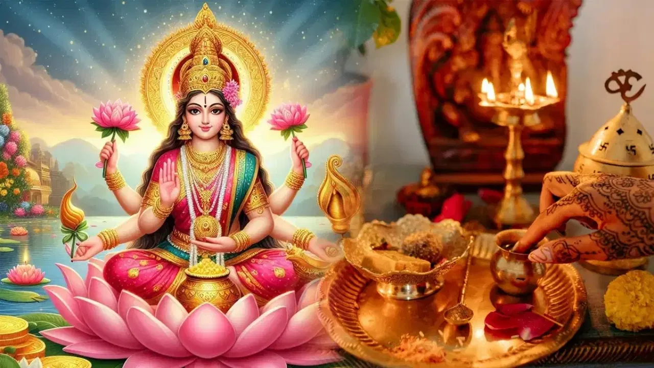 माता लक्ष्मी कमल पर विराजमान हैं, और एक हाथ पूजा की थाली के साथ दिखाया गया है, जो शरद पूर्णिमा खीर मुहूर्त पर लक्ष्मी पूजा के महत्व को दर्शाता है।