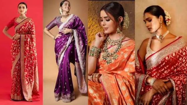 चार महिलाएं अलग-अलग रंग की सुंदर साड़ियाँ और गहने पहने हुए हैं, जो Karwa Chauth 2025 पर राशि अनुसार शुभ वस्त्रों के चयन को दर्शाती हैं।