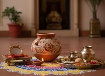 करवा चौथ की पूजा सामग्री (कलश, दिया, और करवा माता की तस्वीर) के साथ सुहागिन महिला बैठी है, जो करवा चौथ व्रत कथा के महत्व को दर्शाती है।