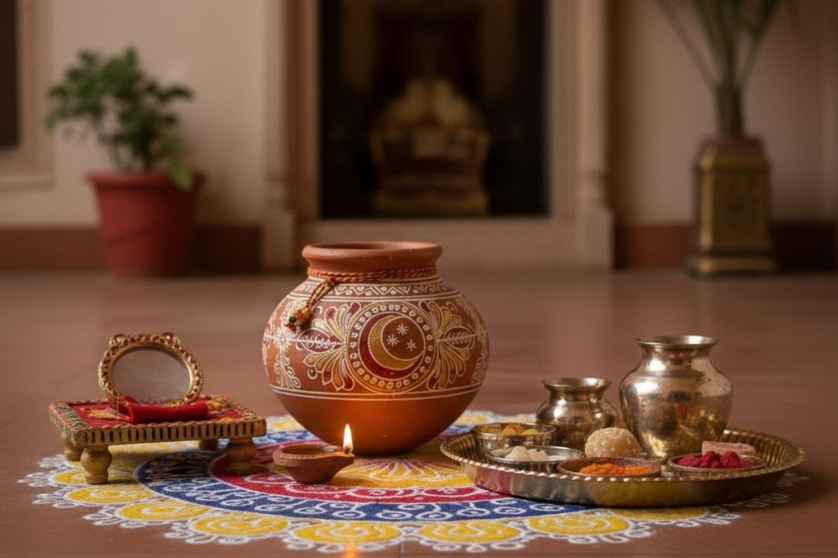 करवा चौथ की पूजा सामग्री (कलश, दिया, और करवा माता की तस्वीर) के साथ सुहागिन महिला बैठी है, जो करवा चौथ व्रत कथा के महत्व को दर्शाती है।