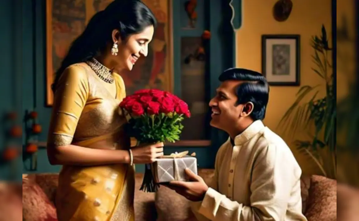 एक पति अपनी पत्नी को फूलों का गुलदस्ता और गिफ्ट दे रहा है, जो बेहतरीन Karwa Chauth Gift Ideas को दर्शाता है।