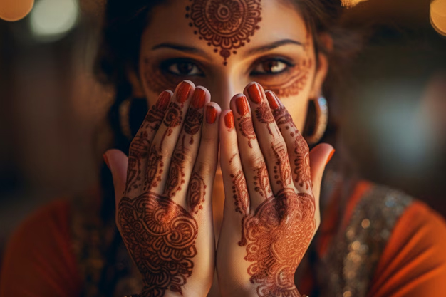 एक महिला का क्लोज-अप शॉट, जिसमें उसके चेहरे और हाथों पर गहरी मेहंदी लगी है, वह अपने हाथों से चेहरा ढँक रही है।