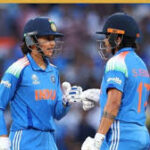 India women’s cricket team celebrates after setting a 299-run target in the 2025 ICC Women’s World Cup final against South Africa