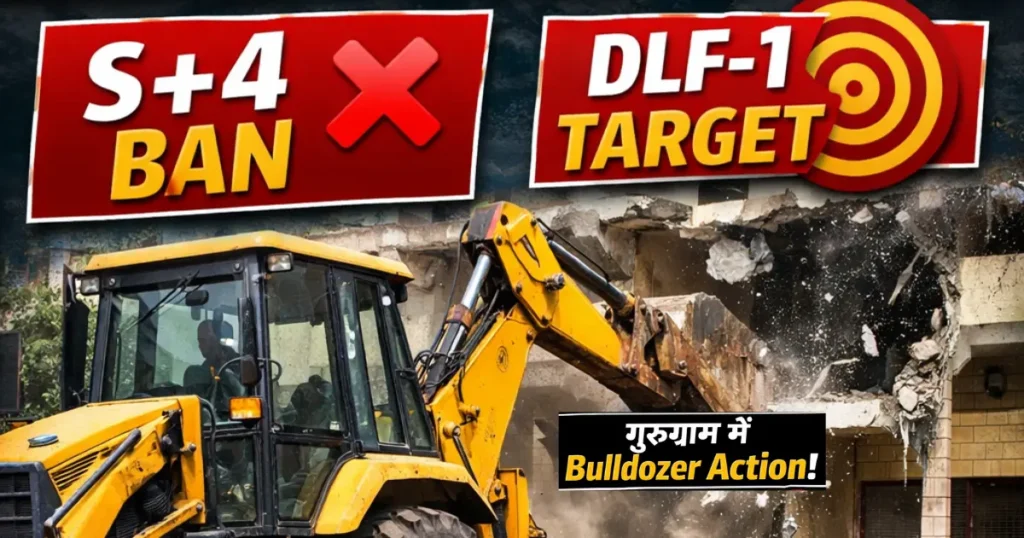 Bulldozer demolishing illegal construction in Gurugram DLF Phase 1 after S+4 policy ban