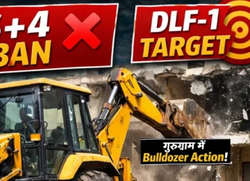 Bulldozer demolishing illegal construction in Gurugram DLF Phase 1 after S+4 policy ban