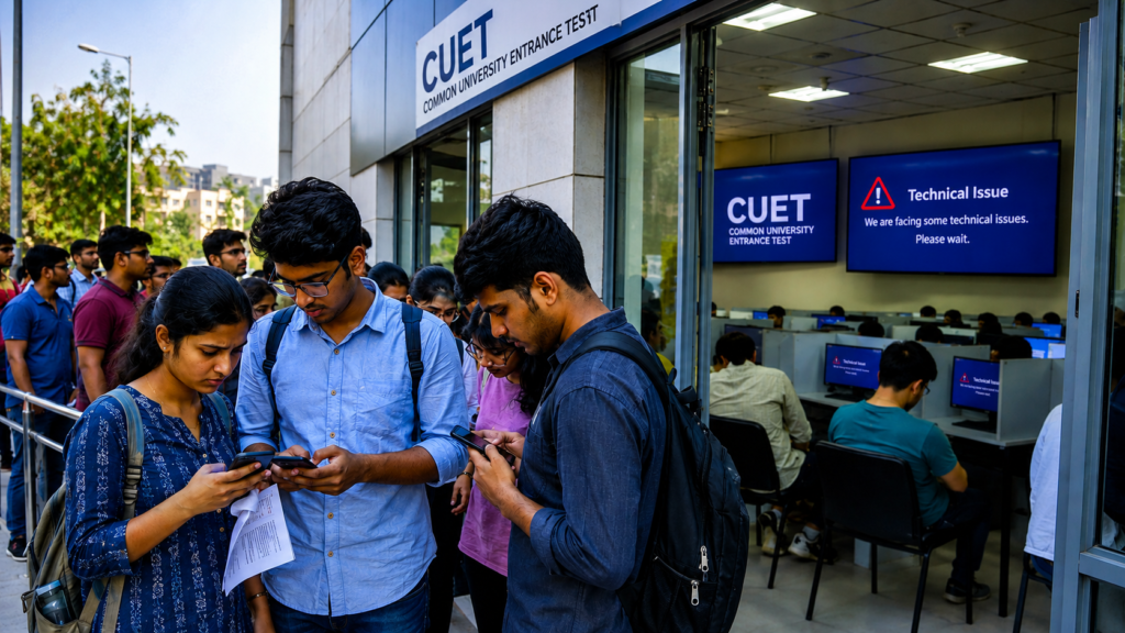 Students wait outside a CUET examination centre during a CUET Exam Delay caused by technical issues affecting computer-based tests.