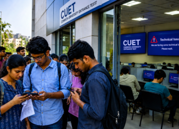 Students wait outside a CUET examination centre during a CUET Exam Delay caused by technical issues affecting computer-based tests.