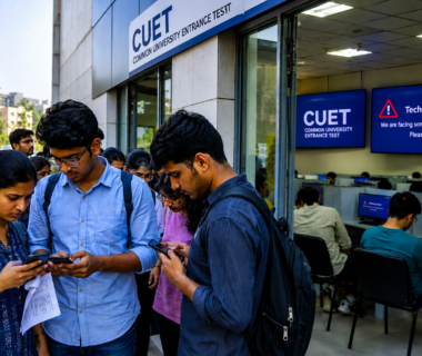 Students wait outside a CUET examination centre during a CUET Exam Delay caused by technical issues affecting computer-based tests.