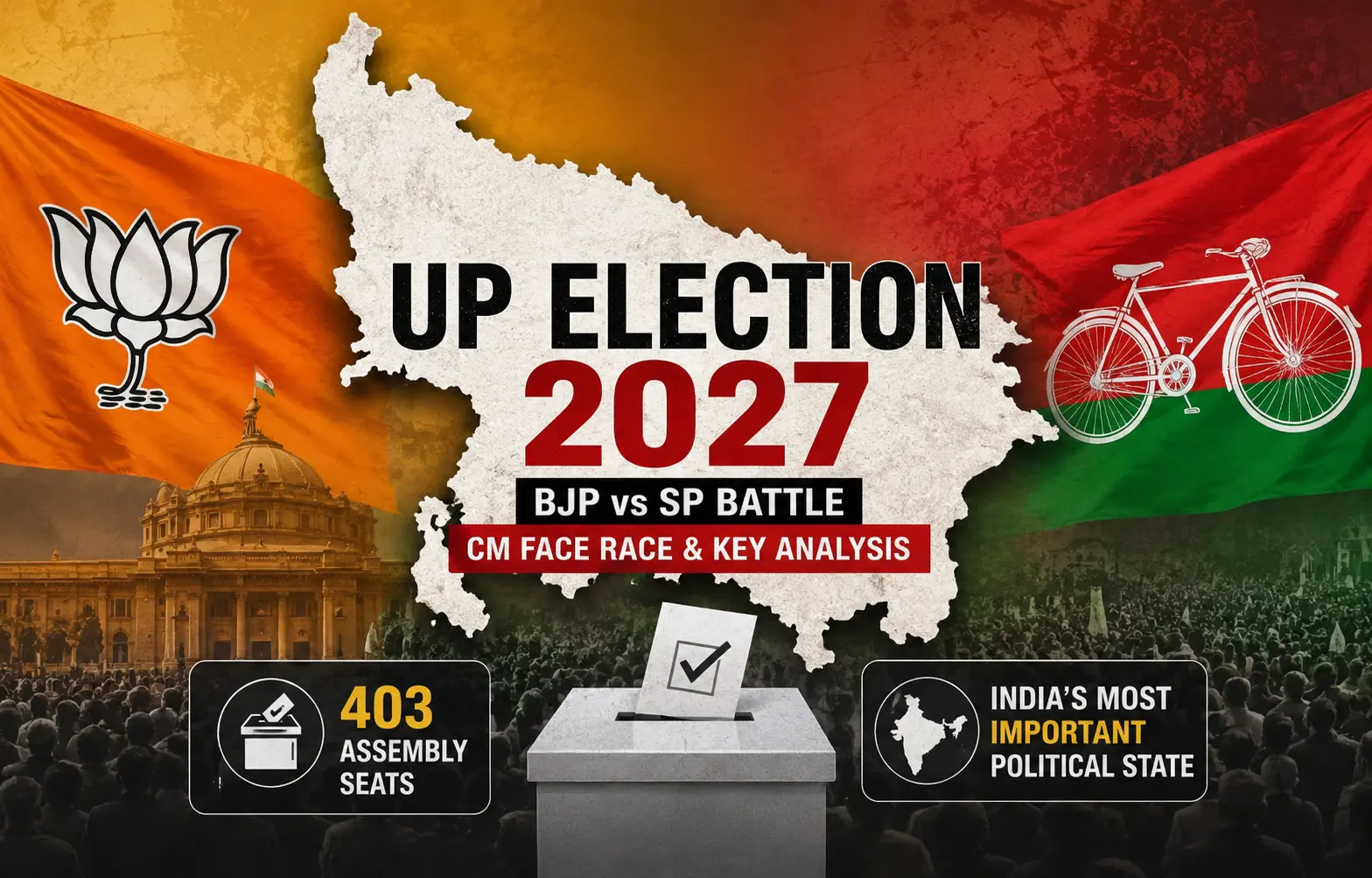 UP Election 2027 political analysis showing BJP vs SP battle in Uttar Pradesh election map