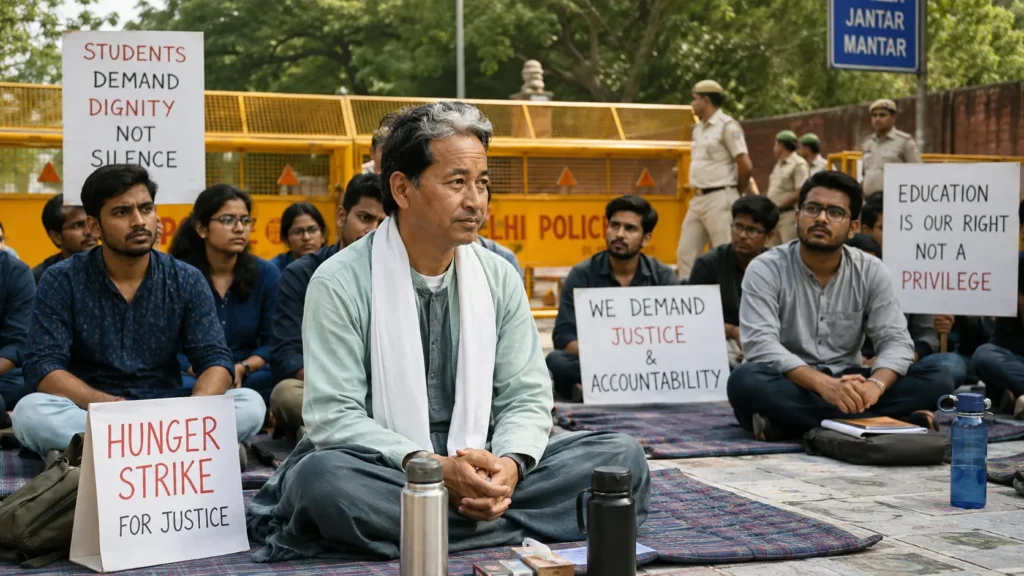 CJP Protest at Jantar Mantar with Sonam Wangchuk on hunger strike, student protesters and Delhi Police barricades.