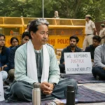 CJP Protest at Jantar Mantar with Sonam Wangchuk on hunger strike, student protesters and Delhi Police barricades.