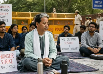 CJP Protest at Jantar Mantar with Sonam Wangchuk on hunger strike, student protesters and Delhi Police barricades.