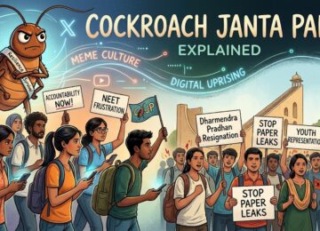 An illustrative banner depicting the Cockroach Janta Party youth movement leading a student protest at Jantar Mantar Delhi against exam paper leaks.
