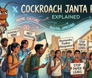 An illustrative banner depicting the Cockroach Janta Party youth movement leading a student protest at Jantar Mantar Delhi against exam paper leaks.