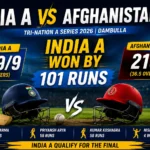 India A vs Afghanistan A score graphic showing India A’s 101-run win in Dambulla