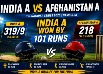 India A vs Afghanistan A score graphic showing India A’s 101-run win in Dambulla