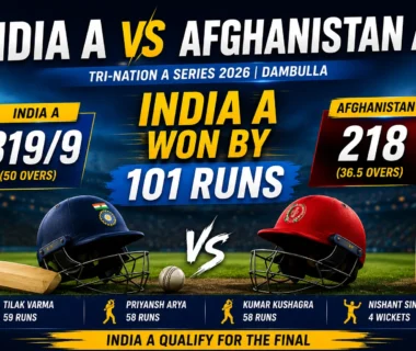 India A vs Afghanistan A score graphic showing India A’s 101-run win in Dambulla