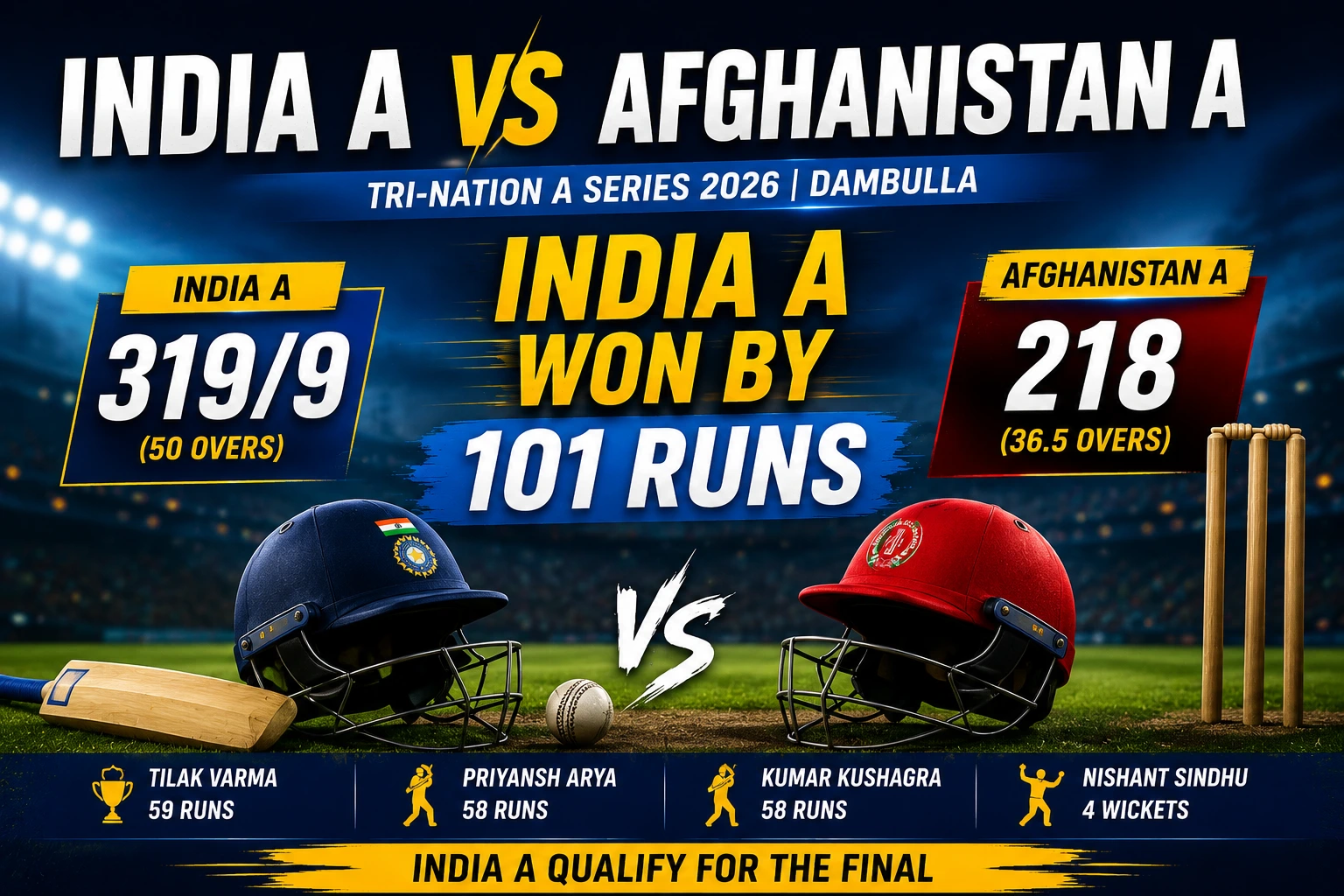 India A vs Afghanistan A score graphic showing India A’s 101-run win in Dambulla