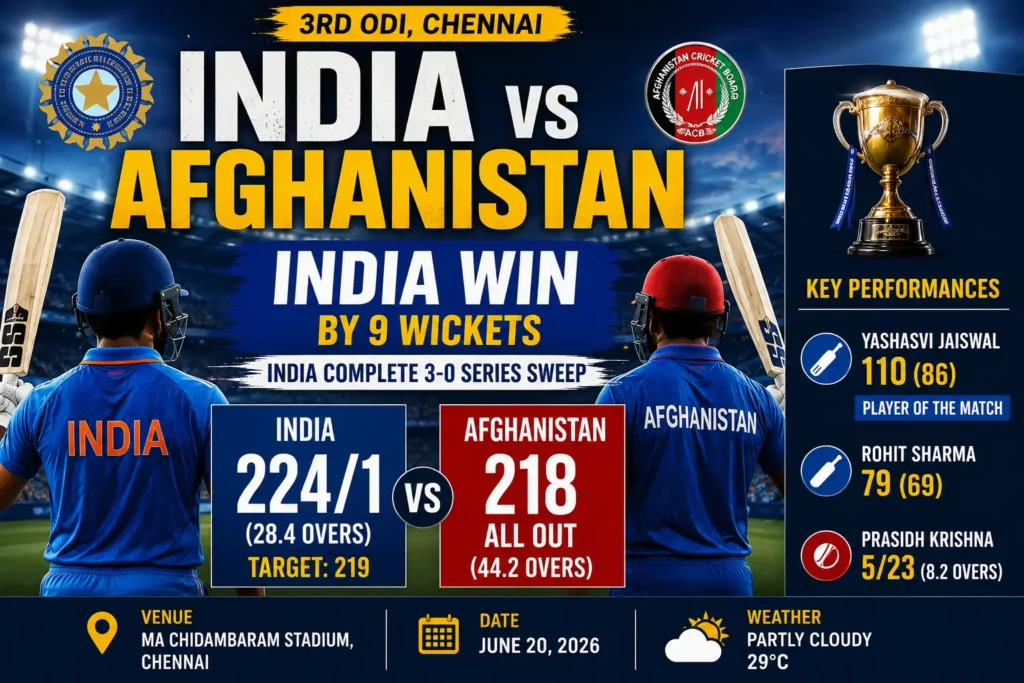 India vs Afghanistan 3rd ODI as Yashasvi Jaiswal celebrates his century in Chennai
