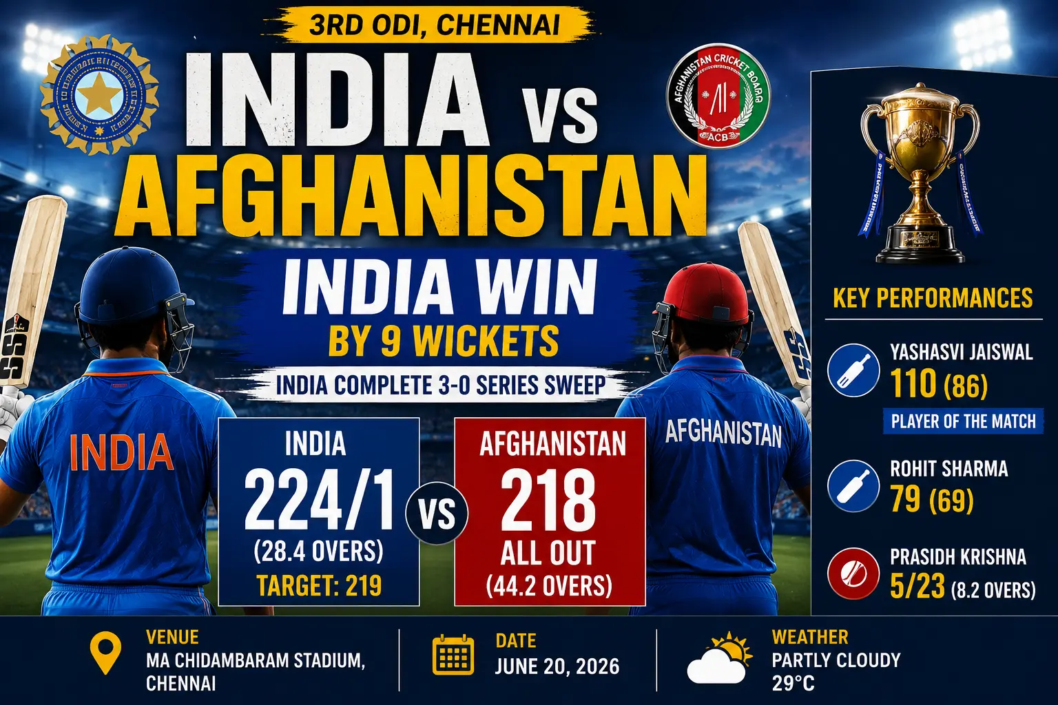 India vs Afghanistan 3rd ODI as Yashasvi Jaiswal celebrates his century in Chennai