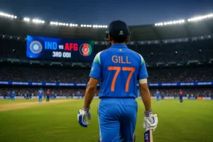 Indian batter walks onto the field during the India vs Afghanistan 3rd ODI under floodlights.
