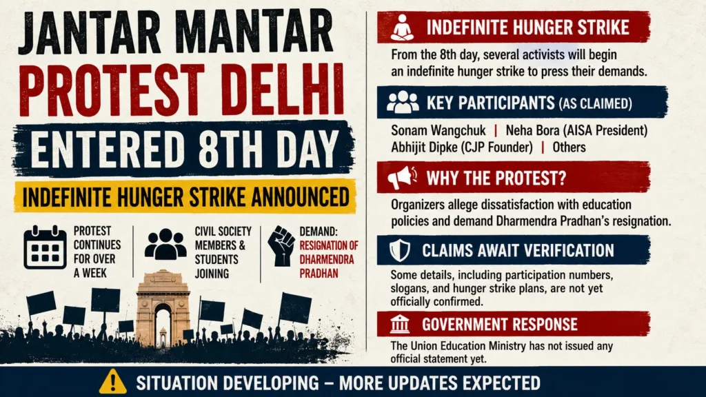 Jantar Mantar protest in Delhi enters eighth day as activists announce an indefinite hunger strike.