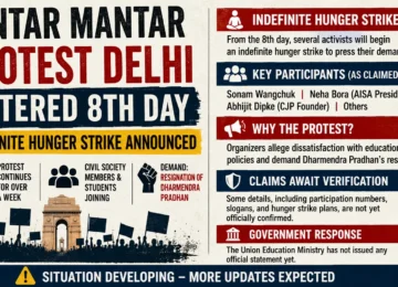 Jantar Mantar protest in Delhi enters eighth day as activists announce an indefinite hunger strike.