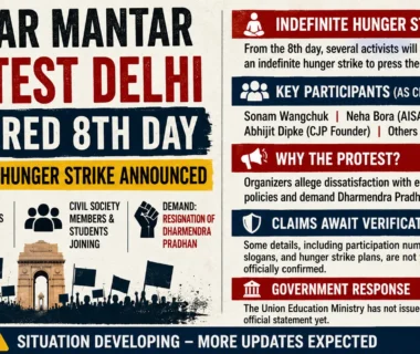 Jantar Mantar protest in Delhi enters eighth day as activists announce an indefinite hunger strike.