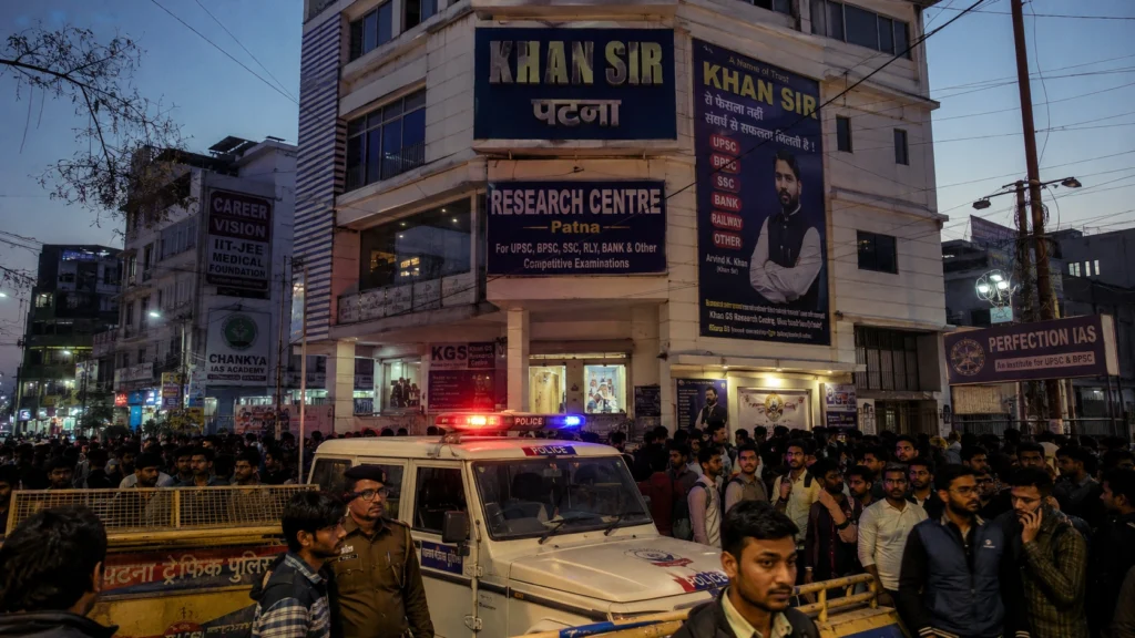 Tense atmosphere and police security outside the institute after the Khan Sir Patna Coaching Firing incident in Musallahpur Haat.