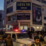 Tense atmosphere and police security outside the institute after the Khan Sir Patna Coaching Firing incident in Musallahpur Haat.
