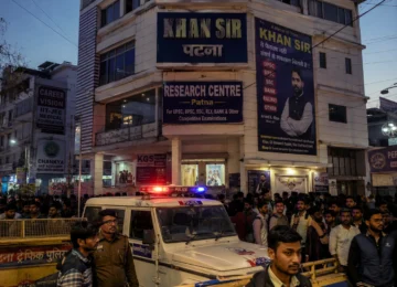 Tense atmosphere and police security outside the institute after the Khan Sir Patna Coaching Firing incident in Musallahpur Haat.
