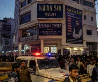 Tense atmosphere and police security outside the institute after the Khan Sir Patna Coaching Firing incident in Musallahpur Haat.