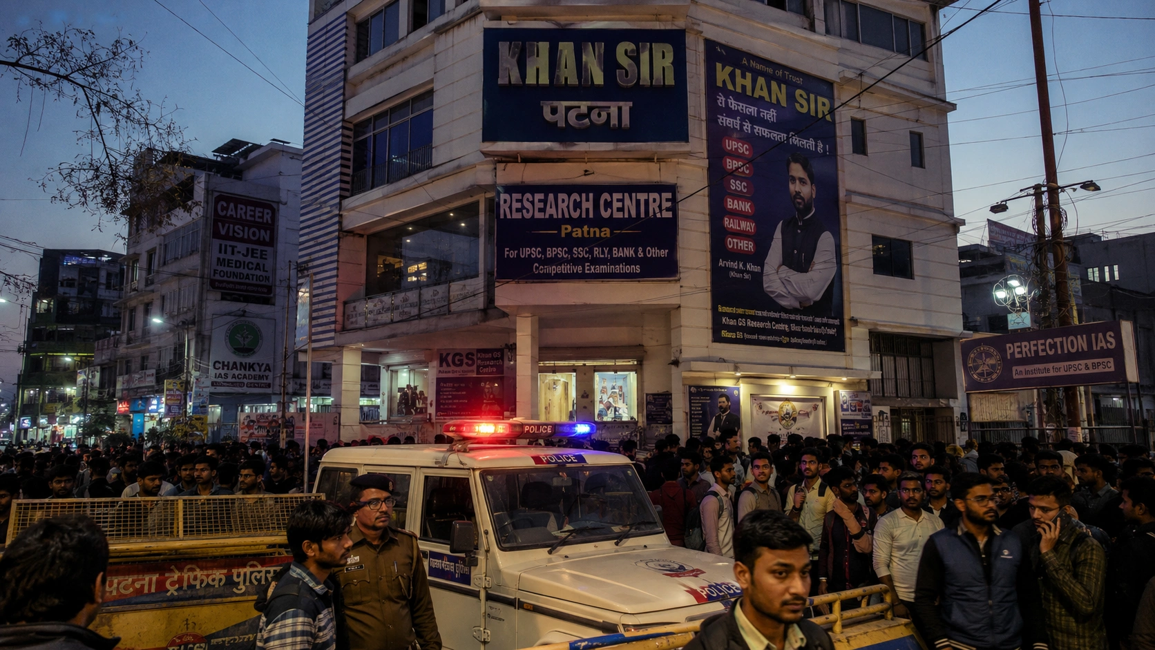 Tense atmosphere and police security outside the institute after the Khan Sir Patna Coaching Firing incident in Musallahpur Haat.