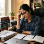 Distressed Indian medical student looking at NEET 2026 DOCS paper leak documents at her desk.